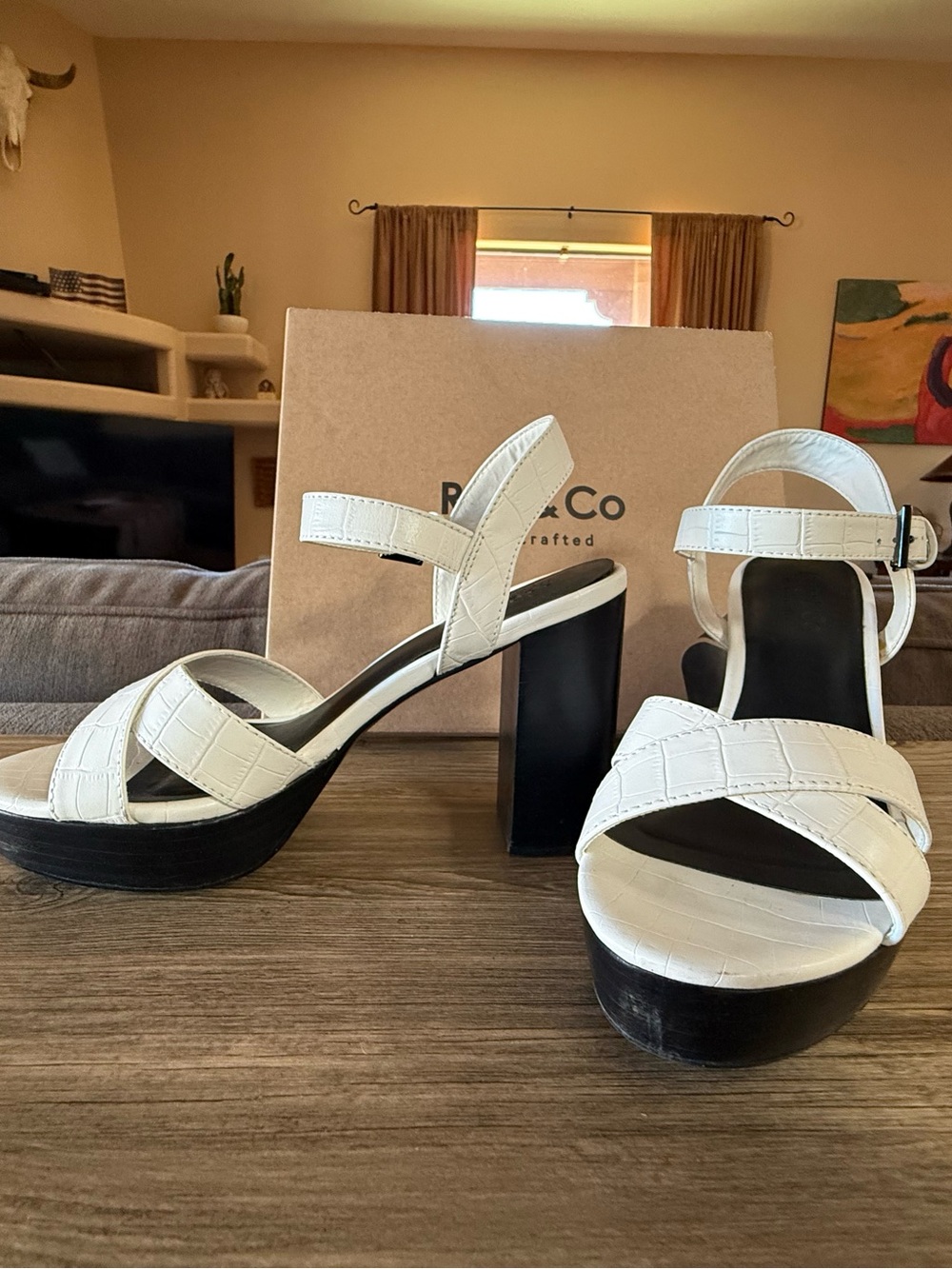 White Croc-Embossed Ankle Strap Sandals - Picture 3 of 4